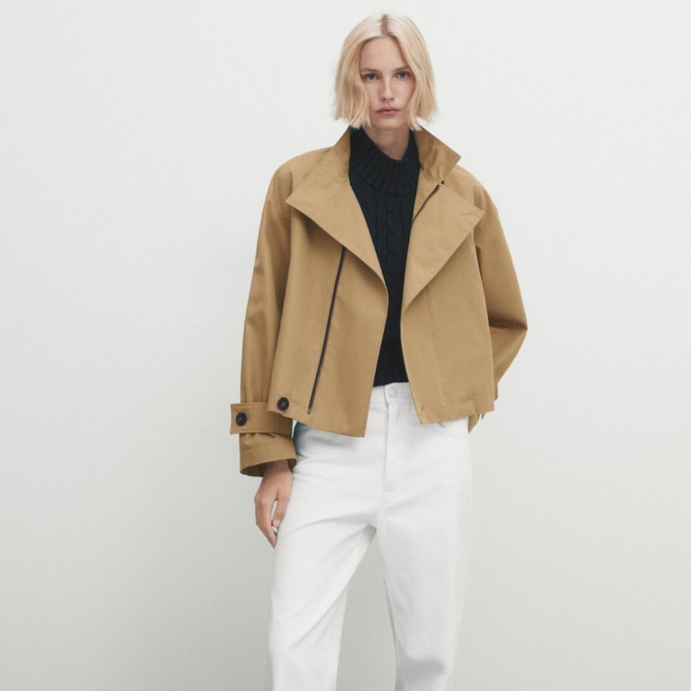 Massimo Dutti Cropped Jacket with Contrast Detail Camel Size Small